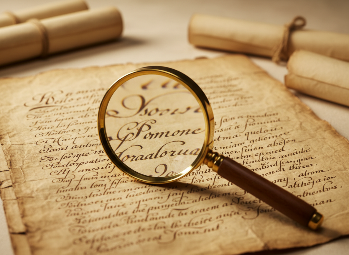 An editorial history magazine photograph: a warm, softly-lit close-up of an aged historical document or handwritten manuscript on parchment with a magnifying glass resting on it, muted ivory and warm tones, scholarly museum publication aesthetic, shallow depth of field, no text, no people