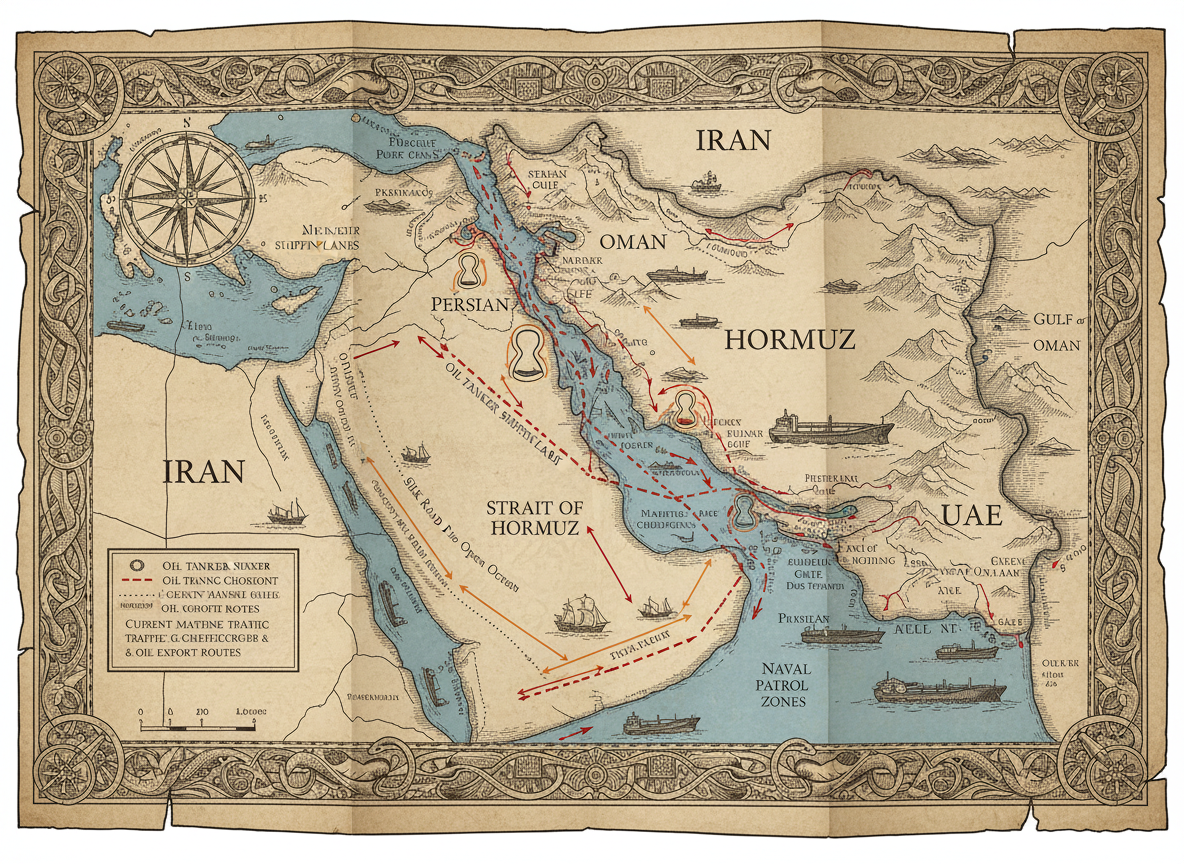 A historical-style illustrated map of the Strait of Hormuz showing ancient trade routes and modern oil shipping lanes
